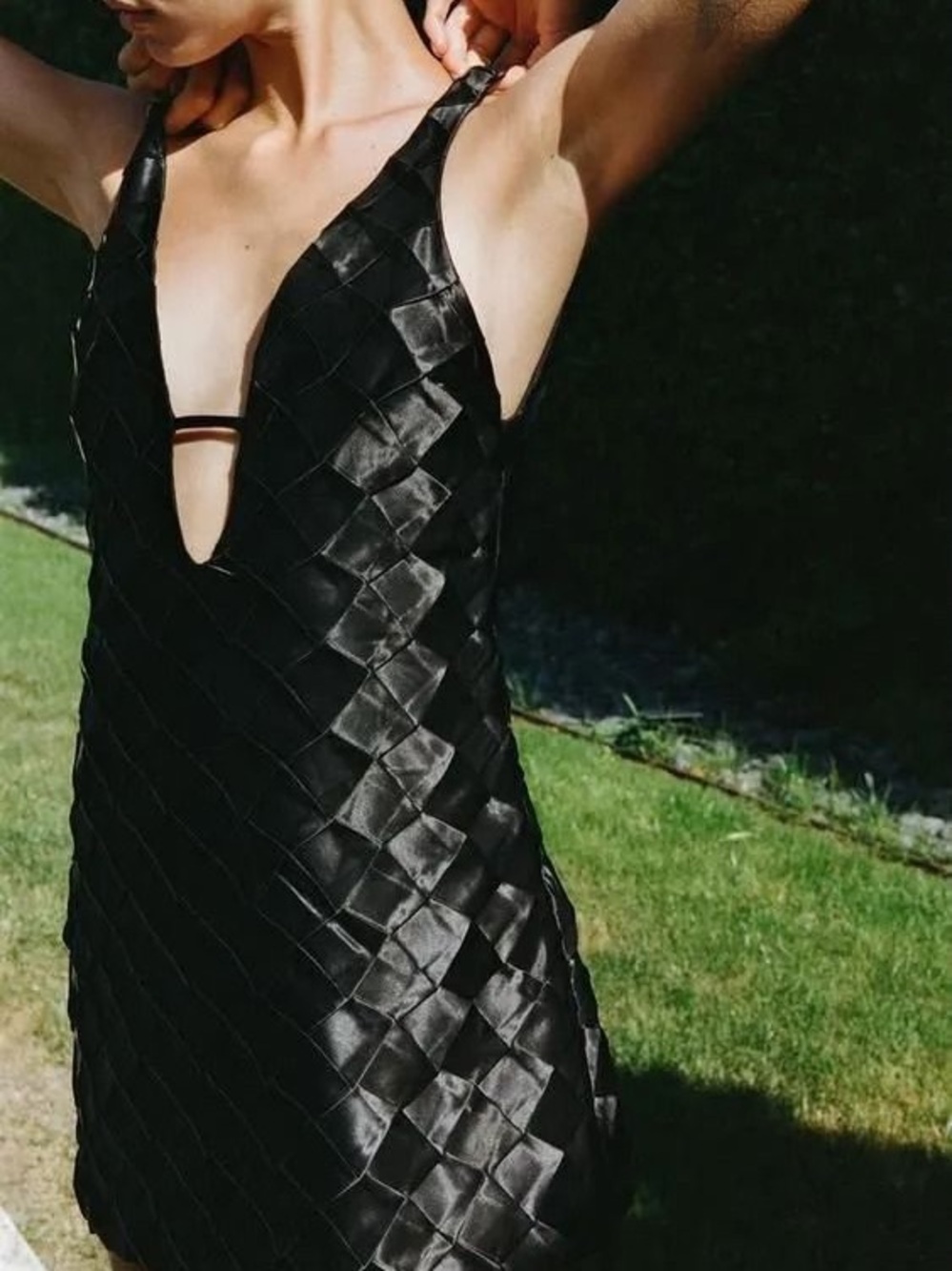 Zara Black Satin Weave Deep-V Mini Dress